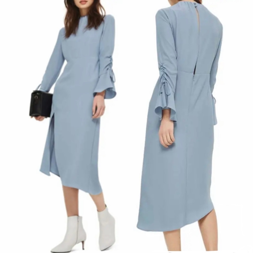 Topshop midi asymmetric hem ruched sleeves slit side open back women Size 6 blue